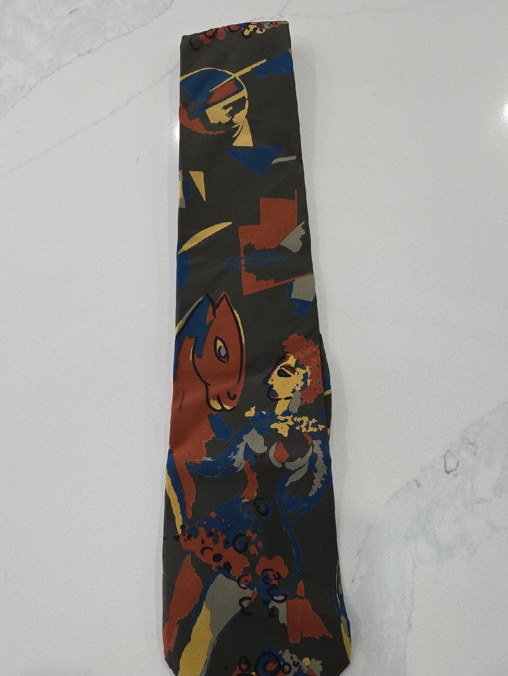 Artistic Abstract Print Silk Tie in Charcoal with Red & Blue Accents